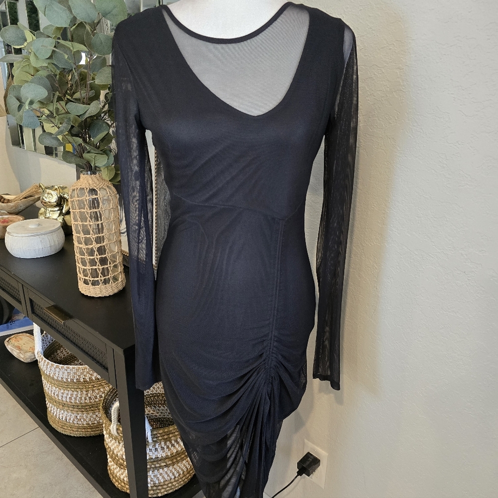 Bebe Women's Black Long Sleeve Mesh Ruched Bodycon Dress M - Picture 3 of 9